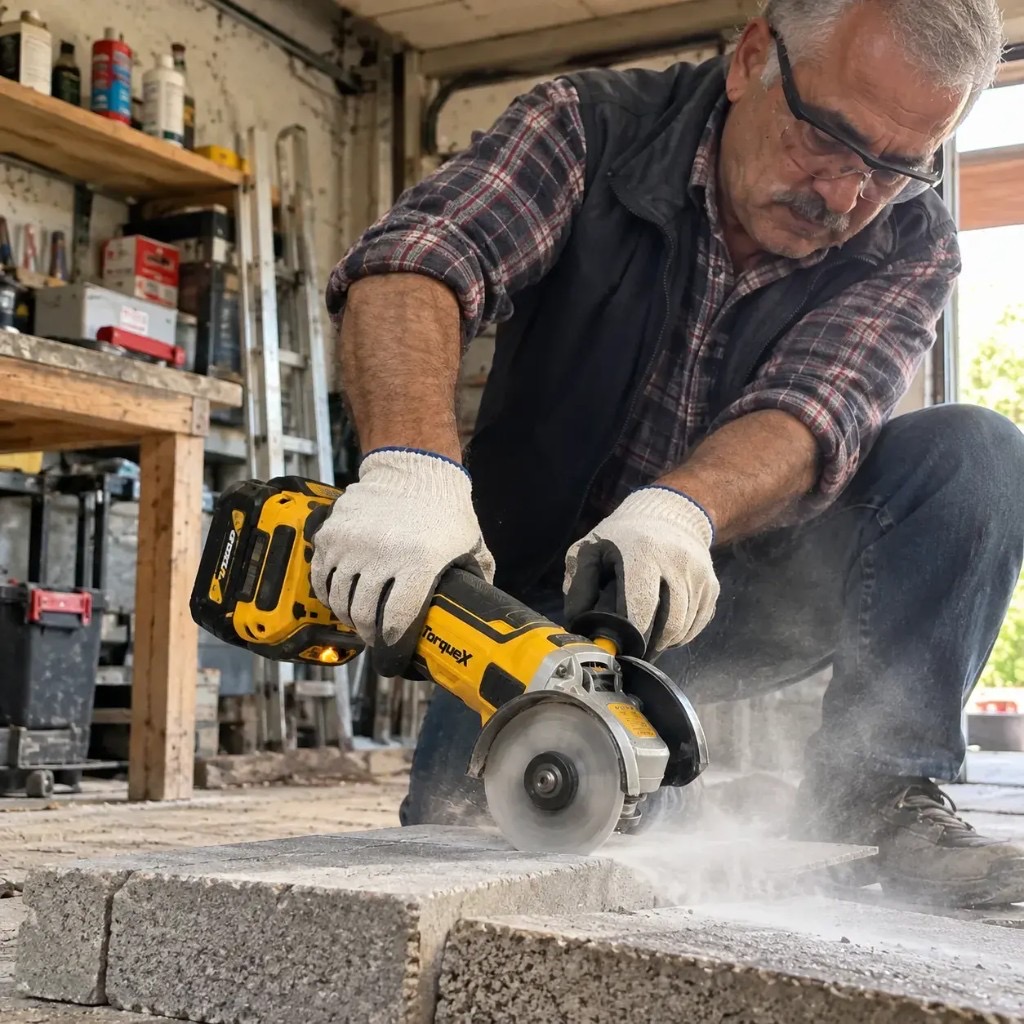 Klient TorqueX tnie kamień i beton w warsztacie