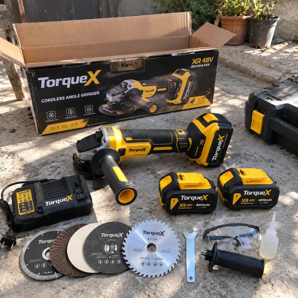 Komplet TorqueX ze szlifierką, podwójną baterią, ładowarką i tarczami