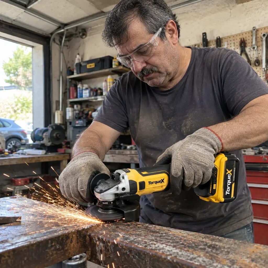 Klient TorqueX szlifuje metal w warsztacie z iskrami